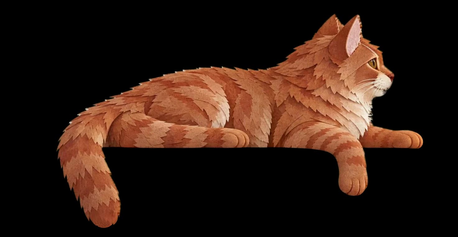 Sow-Sow, the paper cat, resting with a paw over the edge.