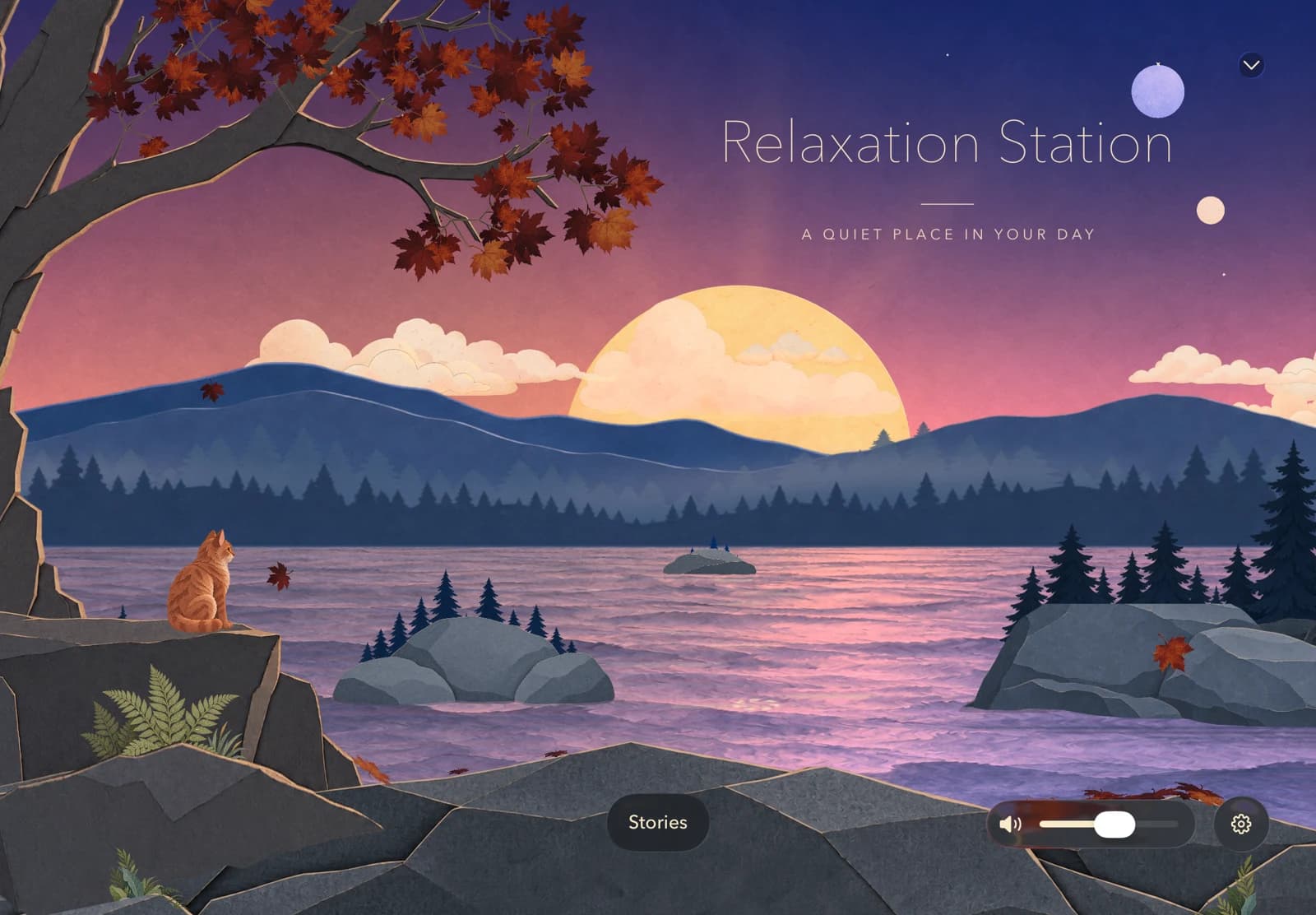 Relaxation Station on iPad: a layered paper lake at sunrise with a cat resting beneath an autumn tree.