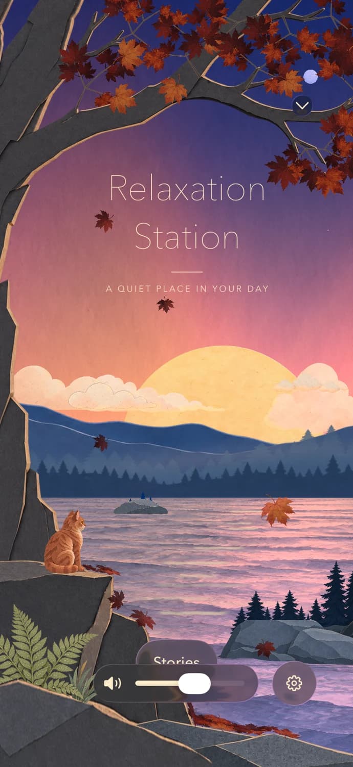 Relaxation Station on iPhone, showing an autumn paper landscape and the app’s sound controls.