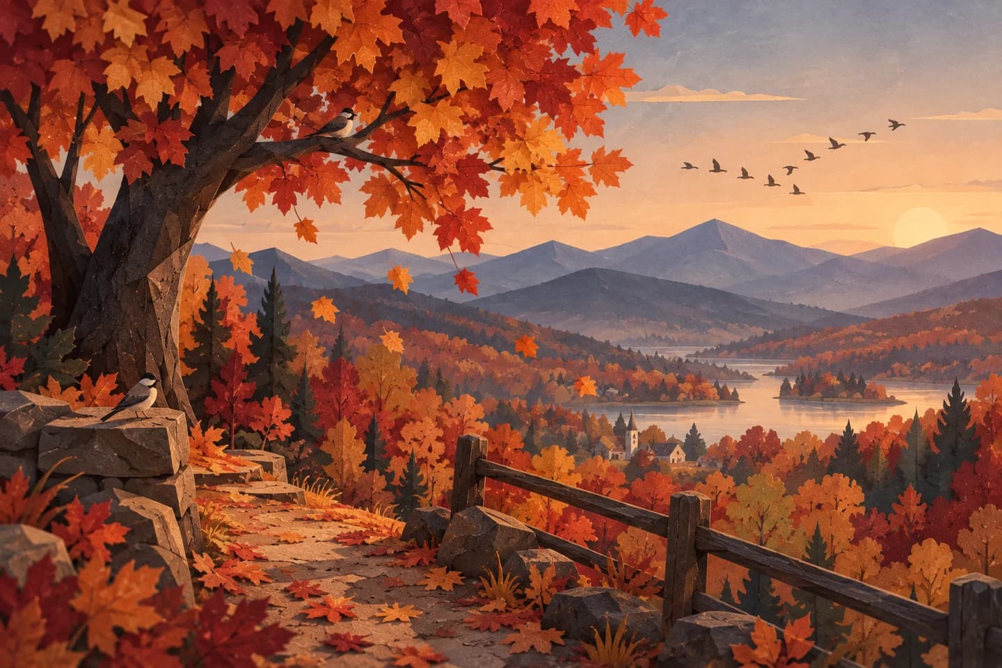 Story artwork: orange maple leaves above a stone path, with a lake and mountains in the distance.